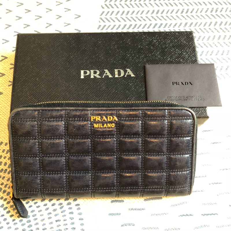 二手正品真品Prada深藍色拉鍊長夾、皮夾（有盒+保卡）