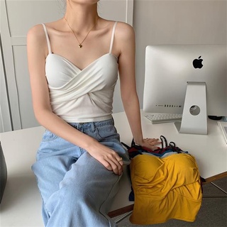 小可愛美背 平口背心 短版上衣 性感交叉緊身短款吊帶小背心女內搭辣妹外穿上衣帶胸墊DXH203-B 衣時尚
