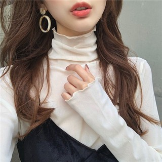 【🍒櫻桃大尺碼】L-4XL 大尺碼女裝春秋高領木耳邊網紗內搭打底衫200斤胖MM上衣