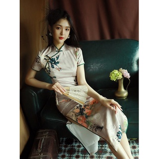 M-4XL大尺碼印花旗袍夏季年輕款少女復古中國風新式改良版時尚緊身洋裝長款
