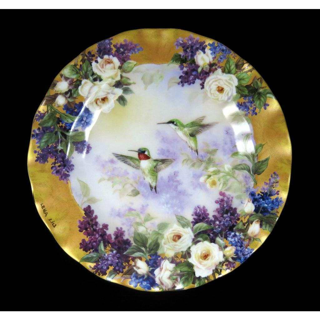 美國W S George 藝術家 Lena Liu 劉莉娜Crown Jewels限量花卉蜂鳥重金瓷盤-A