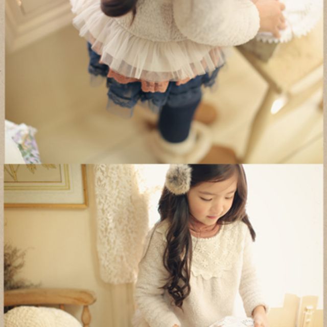 韓國童裝 Amher pure V型蕾絲領邊 厚毛絨保暖長袖上衣 寒流到 降價 $399