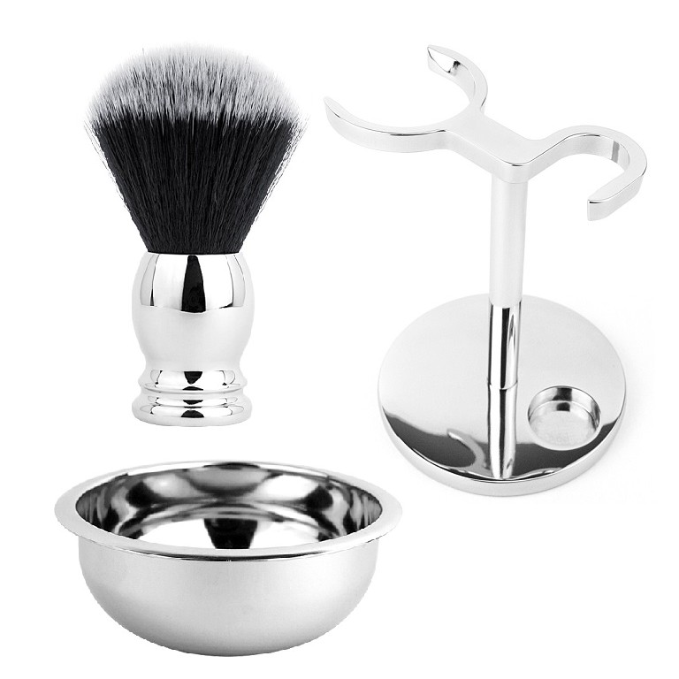YMMV 型男刮鬍必備套件 亮銀刷架碗三件組 刮鬍刷 刮鬍碗 刀刷架