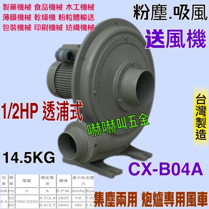 「中部批發」 (台灣製造) 透浦式鼓風機 0.4kW 110V 220V 透浦式 單相 1/2HP 高壓送風機 抽風機