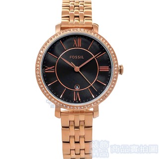 FOSSIL ES4723手錶 黑面 閃耀晶鑽 玫瑰金色錶帶 日期 女錶
