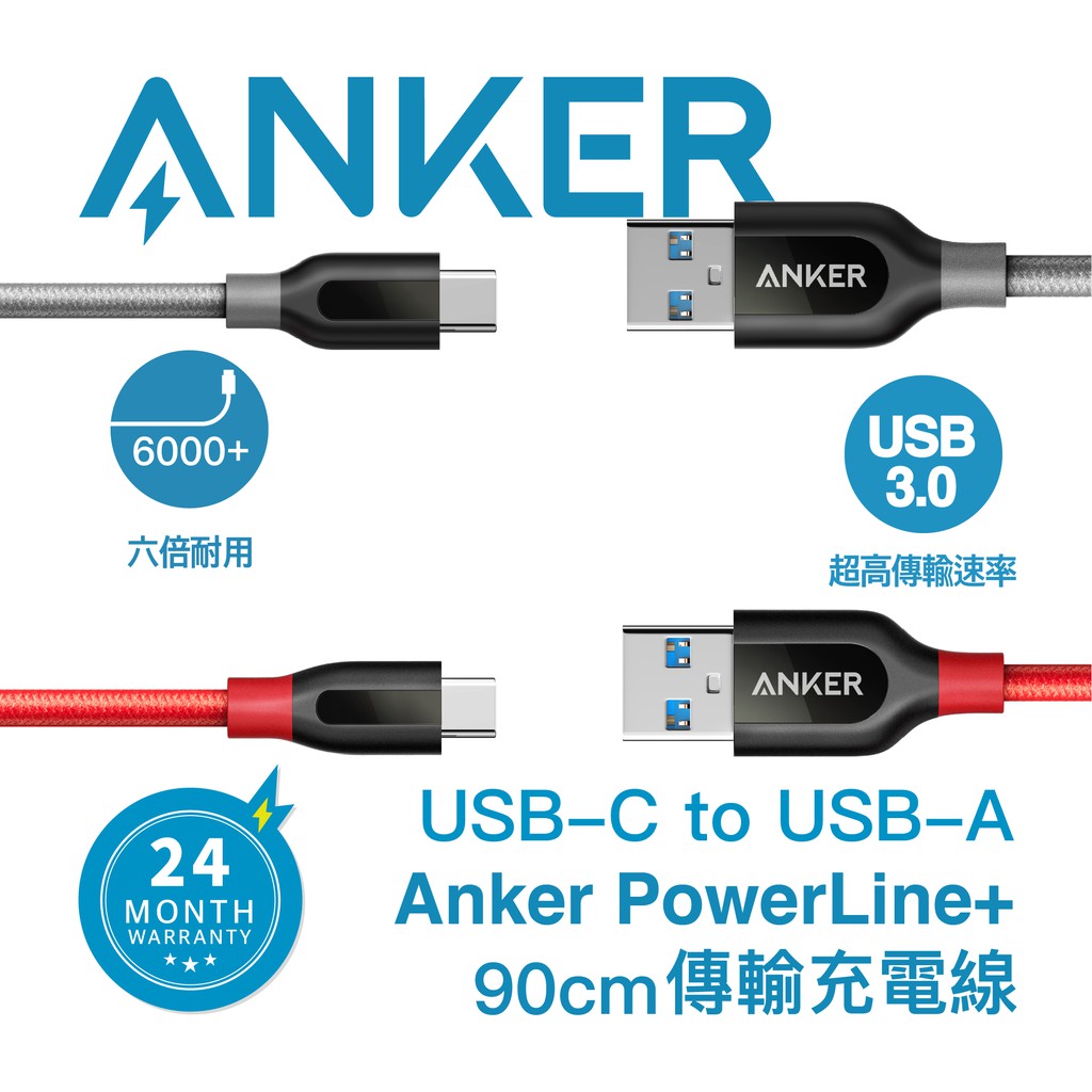 ANKER PowerLine+ 90cm USB-C to USB-A 傳輸充電線【福利品 出清】 A8168