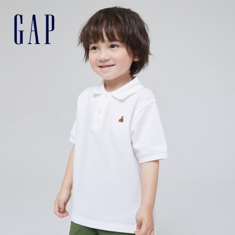 Gap 男幼童裝 活力小熊刺繡運動短袖POLO衫 布萊納系列-白色(664139)