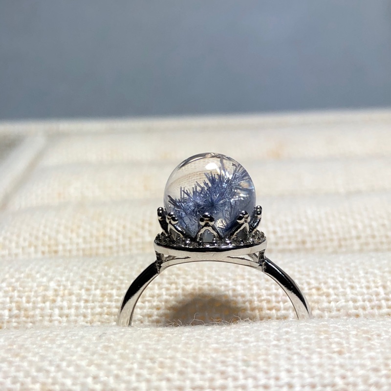 天然水晶 藍髮晶 藍線石 皇冠造型純銀戒指