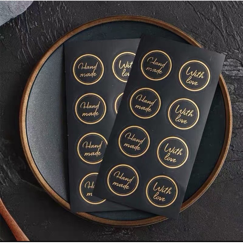 【麥歡樂】貼紙 20枚 質感黑色燙金handmade圓形封口貼 餅乾烘焙 金莎 包裝貼紙 裝飾貼紙【烘焙材料】