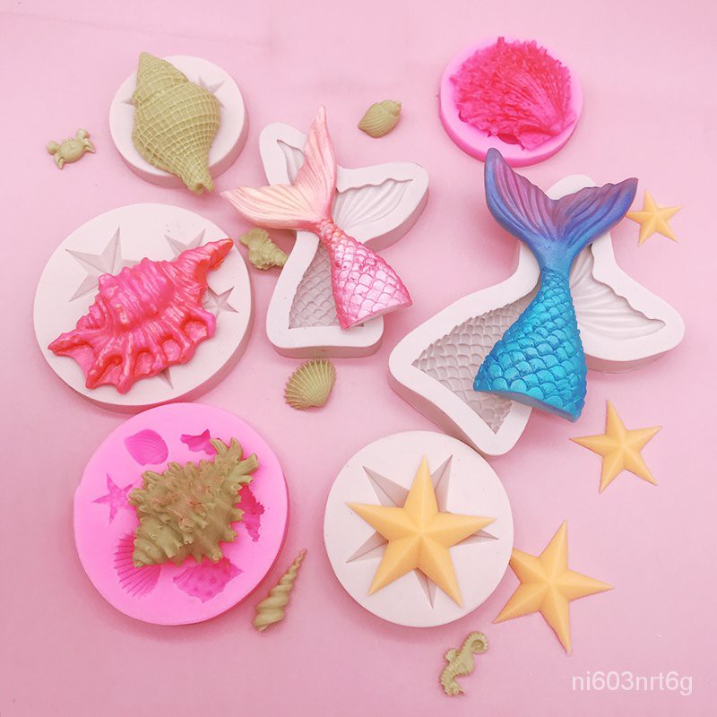 台灣發貨-廚房蛋糕模具-棒棒糖模具-烘焙工具硅膠巧克力棒棒糖模具 海星海洋主題魚尾巴海螺貝殼翻糖蛋糕裝飾 zIcl