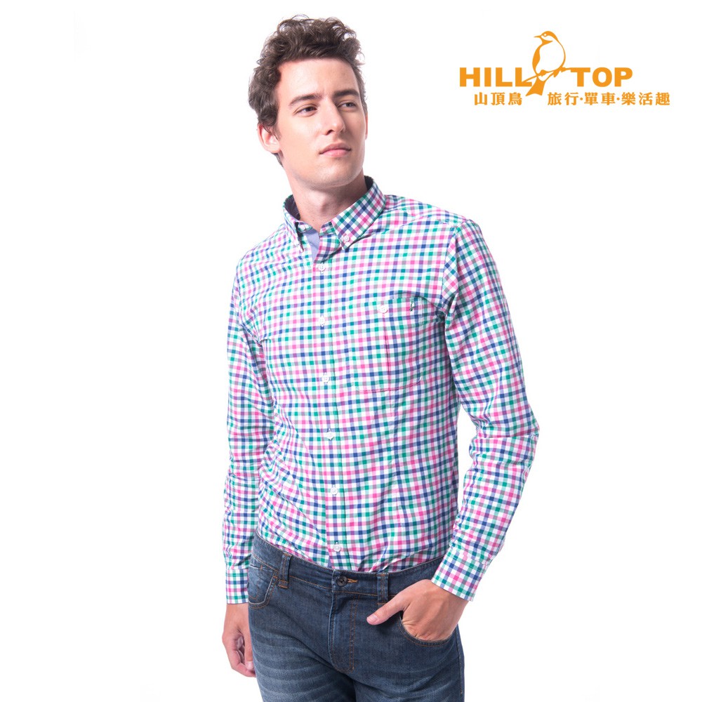 【Hilltop山頂鳥】男款吸濕排汗抗UV長袖襯衫S05M60紅綠格