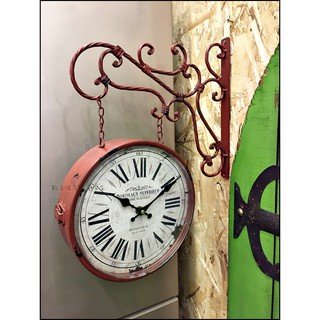 歐舍傢居 鄉村風時鐘 仿舊 鐵製 雙面鐘 兩面時鐘 鐵藝刷舊橘紅色數字時鐘 兩面鐘 造型掛鐘 藝術鐘