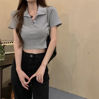 【太妮絲V352】現貨 韓系 簡約polo領短款短袖 短袖上衣 短版上衣 坑條紋 bm風 辣妹