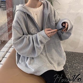 【HanVo】CHNG≡字母刺繡連帽外套 韓系休閒百搭四季寬鬆棉質外套 韓國女裝 女生衣著 A07-1776