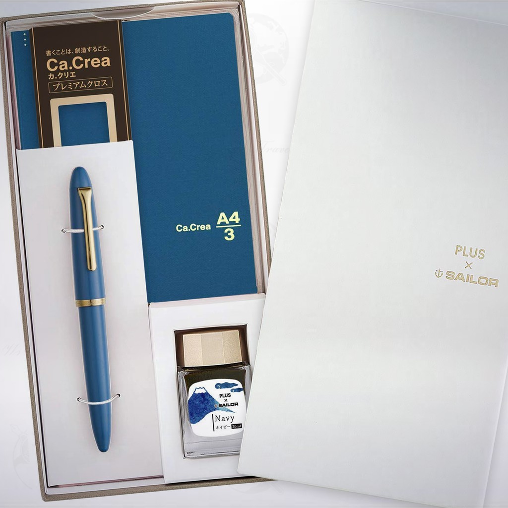 日本 寫樂 SAILOR PLUS CA.CREA PREMIUM CLOTH筆記本限定聯名款鋼筆禮盒組: 海軍藍