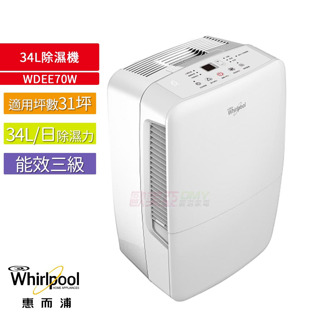 【再送品諾 14吋DC直流遙控風扇 DF-1468R 】Whirlpool惠而浦 34L節能除溼機 WDEE70W