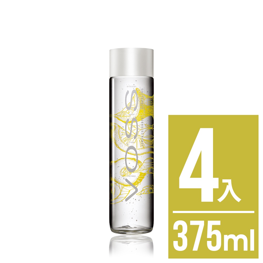 【VOSS芙絲】檸檬小黃瓜風味氣泡礦泉水(4入x375ml) - 時尚玻璃瓶