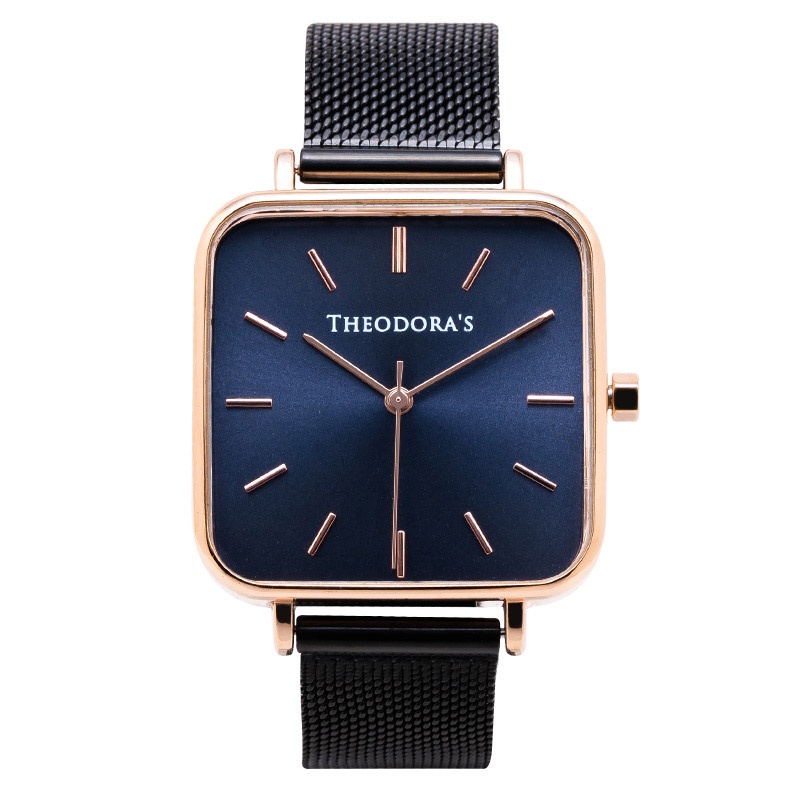【THEODORA'S】Hebe 簡約方形金屬手錶 方形深藍-米蘭黑【希奧朵拉】