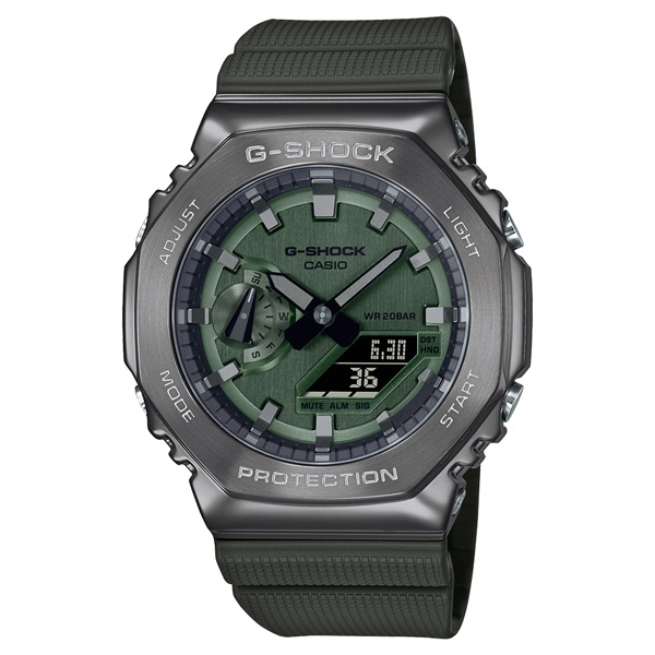 CASIO卡西歐 G-SHOCK 沉穩灰綠 金屬錶殼 八角形錶殼 GM-2100B-3A_44.4mm