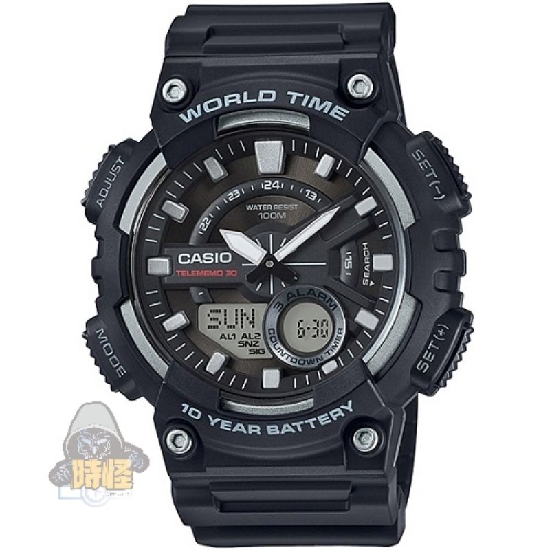 【CASIO】 台灣卡西歐公司貨 簡約大方 雙顯運動錶 100米防水-黑(AEQ-110W-1A)