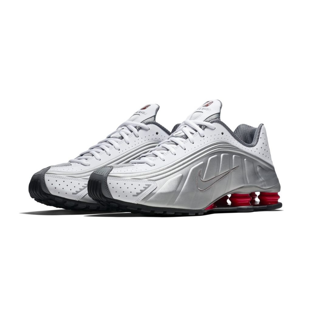 nike shox r4 white metallic silver & red