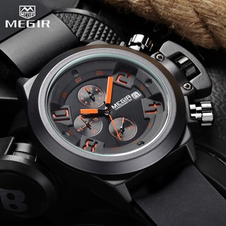 Megir 3D 雕刻錶盤男士運動石英手錶 / MN2002 黑色矽膠防水計時碼表
