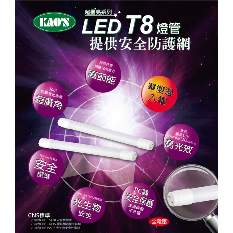 KAO'S 高氏 LED T8 2/3/4呎 9/14/18W 玻璃燈管 (黃光 / 自然光 / 白光) 全電壓