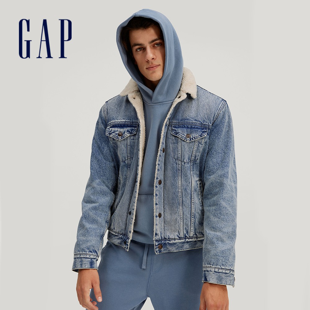 Gap 男裝 保暖仿羊羔絨翻領牛仔外套-淺靛藍(604862)