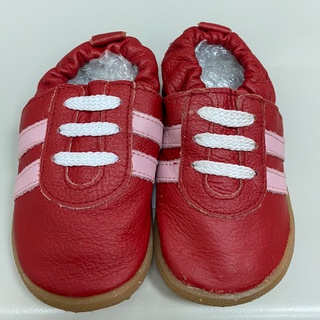 英國 shooshoos 安全無毒真皮手工學步鞋/童鞋__紅色粉線條童鞋(6)/USA5（福利品）