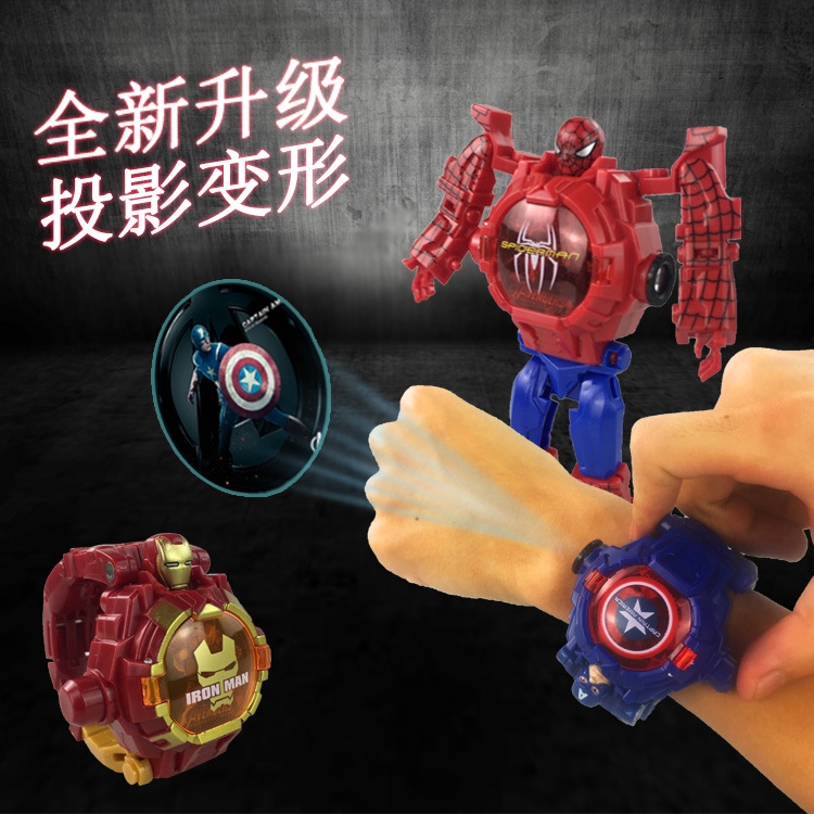 手動變形機器人手錶 玩具 卡通 投影 電子發光 兒童變身金剛玩具 蜘蛛人 鋼鐵人玩具手錶