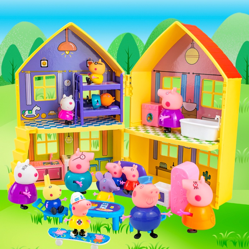【現貨 免運🚀】佩佩豬豪華家用雙面玩具 带一家四口套餐 家庭聚會可動人偶 生日娃娃 兒童教育 小豬佩奇雙面房子附家具