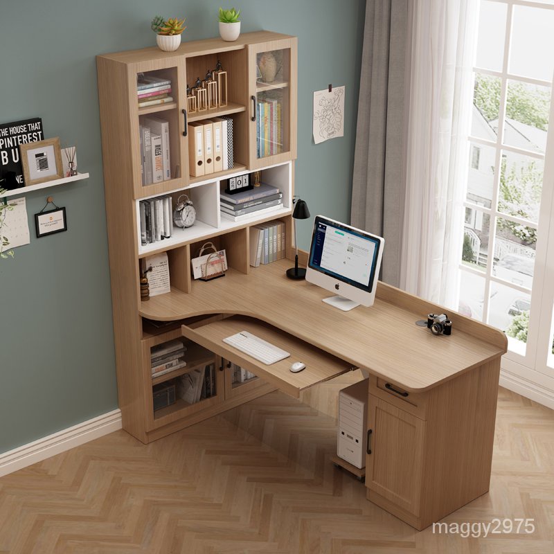 實木書桌書架組合 書桌書櫃一體全實木轉角書桌書架組合電腦桌書櫃 實木桌 電腦桌 書桌 實木書桌 學習桌 桌子