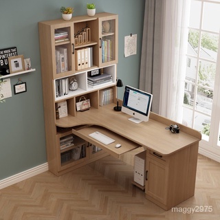實木書桌書架組合 書桌書櫃一體全實木轉角書桌書架組合電腦桌書櫃 實木桌 電腦桌 書桌 實木書桌 學習桌 桌子