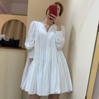 歐美寬鬆休閒泡泡袖連身裙短裙洋裝