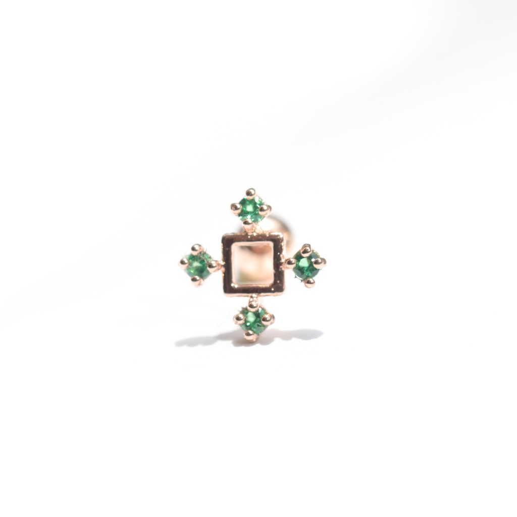 14K Square CZ Piercing 方形綠鑽鎖珠耳環(單個)