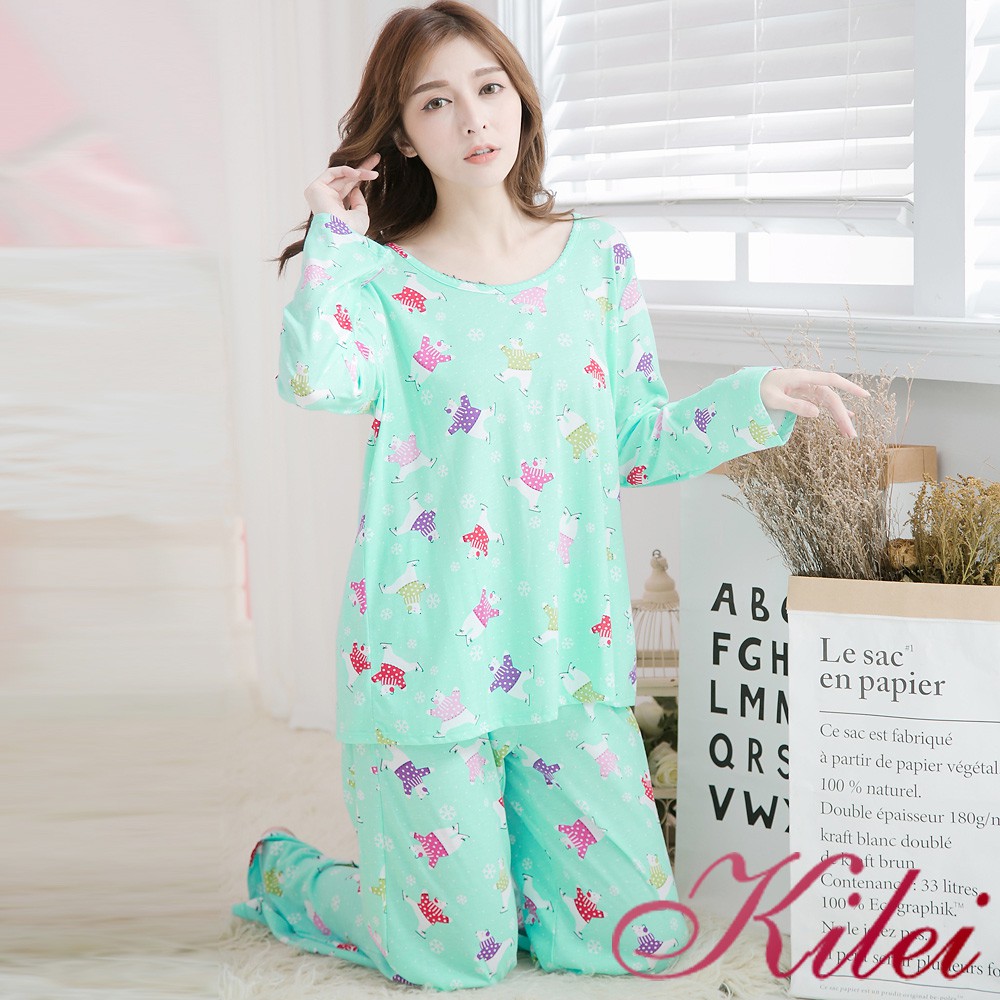 【Kilei】女生睡衣 睡衣套裝 棉質睡衣 家居服 可愛點點熊棉質長袖二件式睡衣組XA3535(甜藍綠)全尺碼