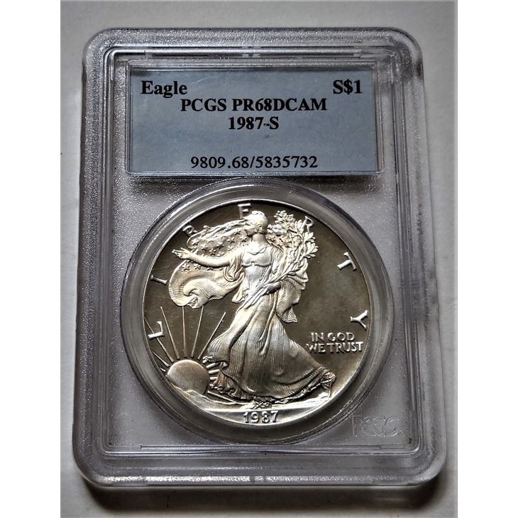 美國 1987年 稀少 S記 美品 PCGS PR68 鑑定幣 USA鷹揚 早期 花束女神 1盎司 美元 999 純銀幣