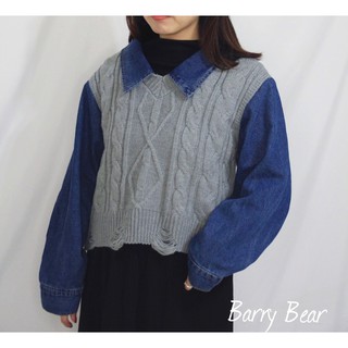 Barry Bear(現貨)質感麻花拼接牛仔襯衫/2色