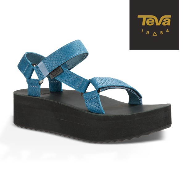 【TEVA】女 Flatform Universal 真皮織帶厚底涼鞋/雨鞋/水鞋-藍色蛇紋皮革-原廠現貨