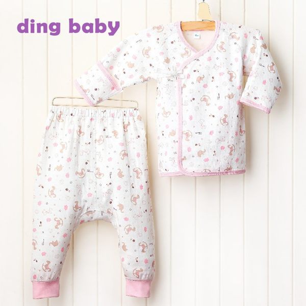 【ding baby】MIT台灣製 歡樂木馬反摺袖肚衣套裝-粉(50-60cm) 台灣製造 小丁婦幼