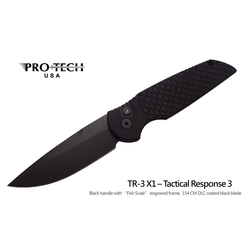Protech Tactical Response 3黑鋁魚鱗紋柄鑲氚管自動側彈刀 (154-CM鋼黑DLC處理)