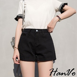 【HanVo】韓版高腰寬鬆顯瘦反摺捲邊牛仔短褲 現貨百搭復古基本款單寧牛仔褲 A字短褲熱褲寬褲褲子 A03-2017