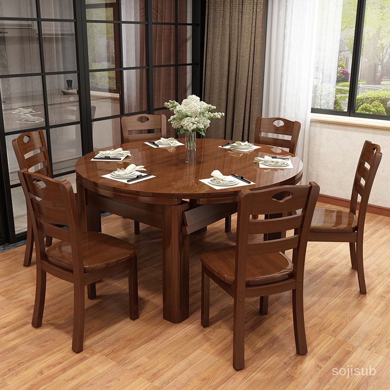 實木餐桌椅組閤現代簡約 餐桌 伸縮折疊圓桌小戶型6/10人傢用飯桌