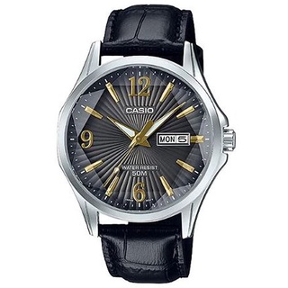 【CASIO】六芒星閃耀皮帶紳士錶-黑X金(MTP-E120LY-1A)正版宏崑公司貨