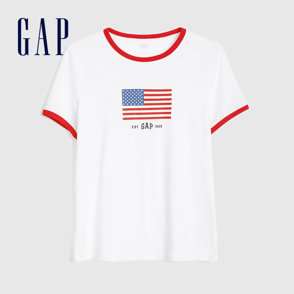 Gap 女裝 時尚旗幟印花圓領短袖T恤 厚磅密織系列-白色(582268)