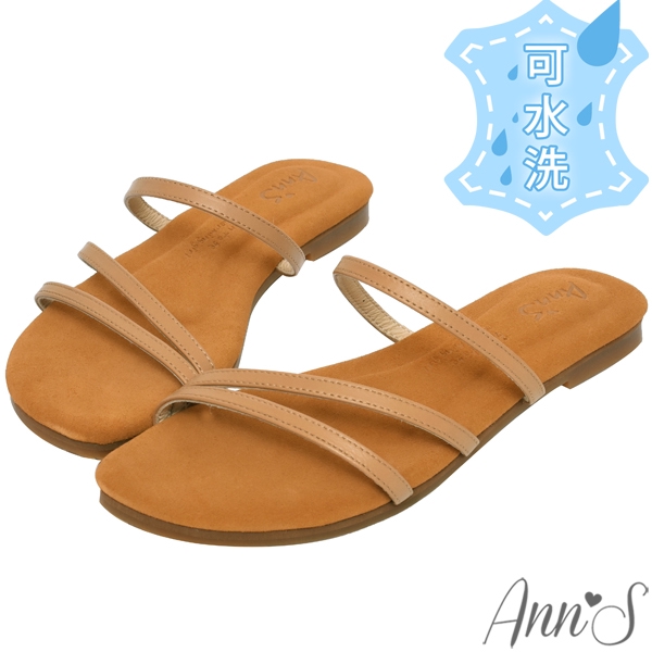 Ann’S水洗牛皮-鹽系女孩三條鞋帶平底涼拖鞋-棕