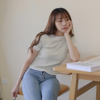 【Our Studio】小設計橫條撞色針織短袖上衣 粉藍色 黃灰色(現貨)