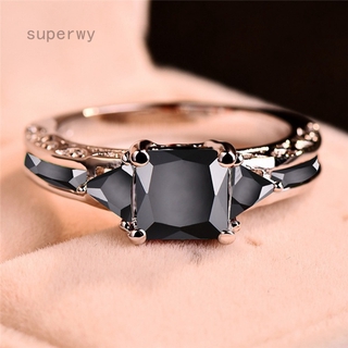 女士 18K 白金公主方形切割黑色藍寶石鑽石結婚戒指
