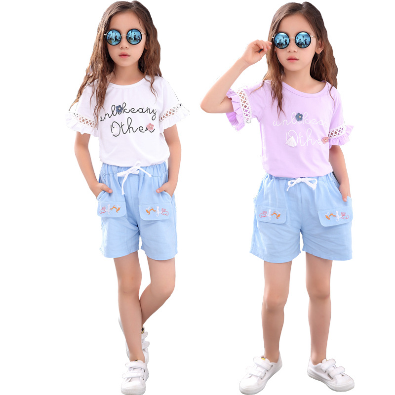3-14歲 女童短袖套裝 短袖t恤+短褲兩件套 可愛印花字母套裝中大童童裝