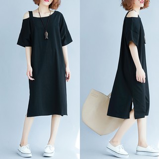 [Ｃ.M.平價精品館]XL現貨出清特價/性感隨興簡約有型單露肩黑色短袖洋裝